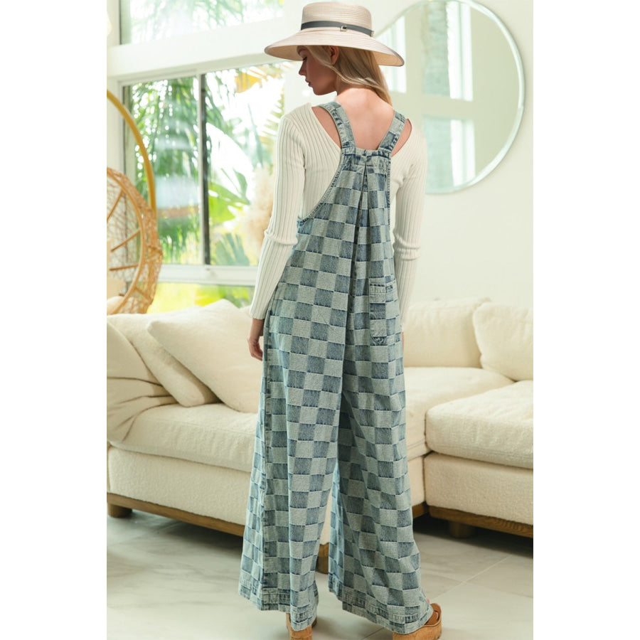 Double Take Checkered Sleeveless Wide Leg Denim Jumpsuit Apparel and Accessories