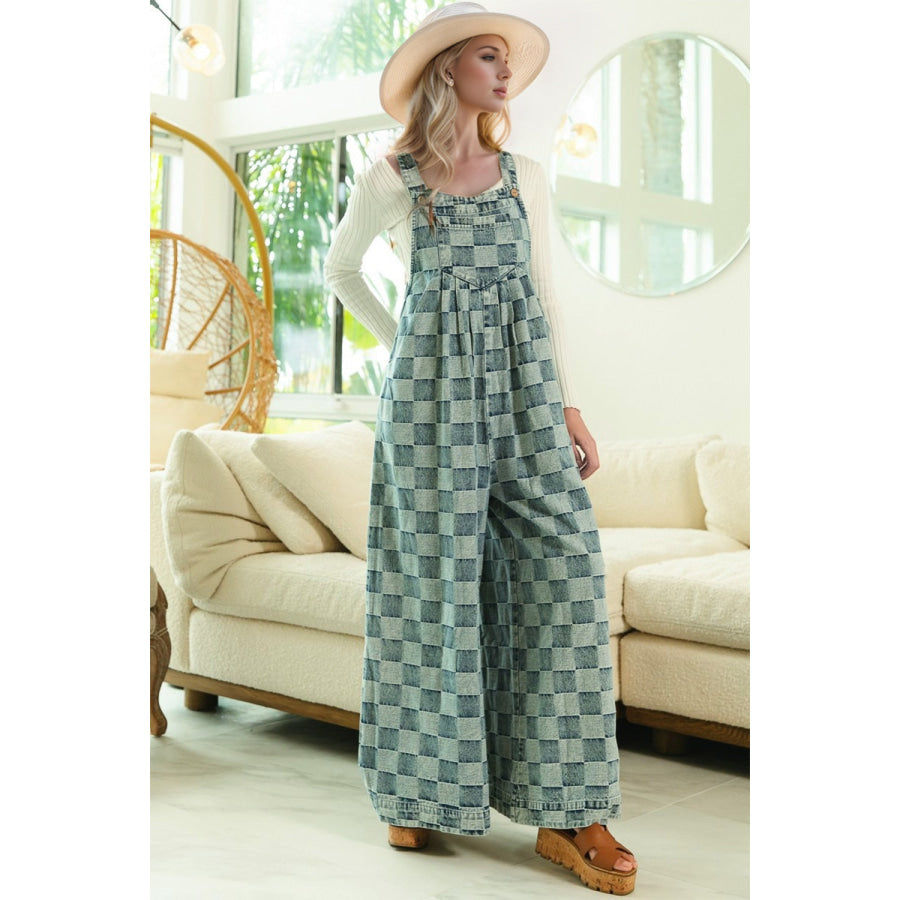 Double Take Checkered Sleeveless Wide Leg Denim Jumpsuit Light / S Apparel and Accessories