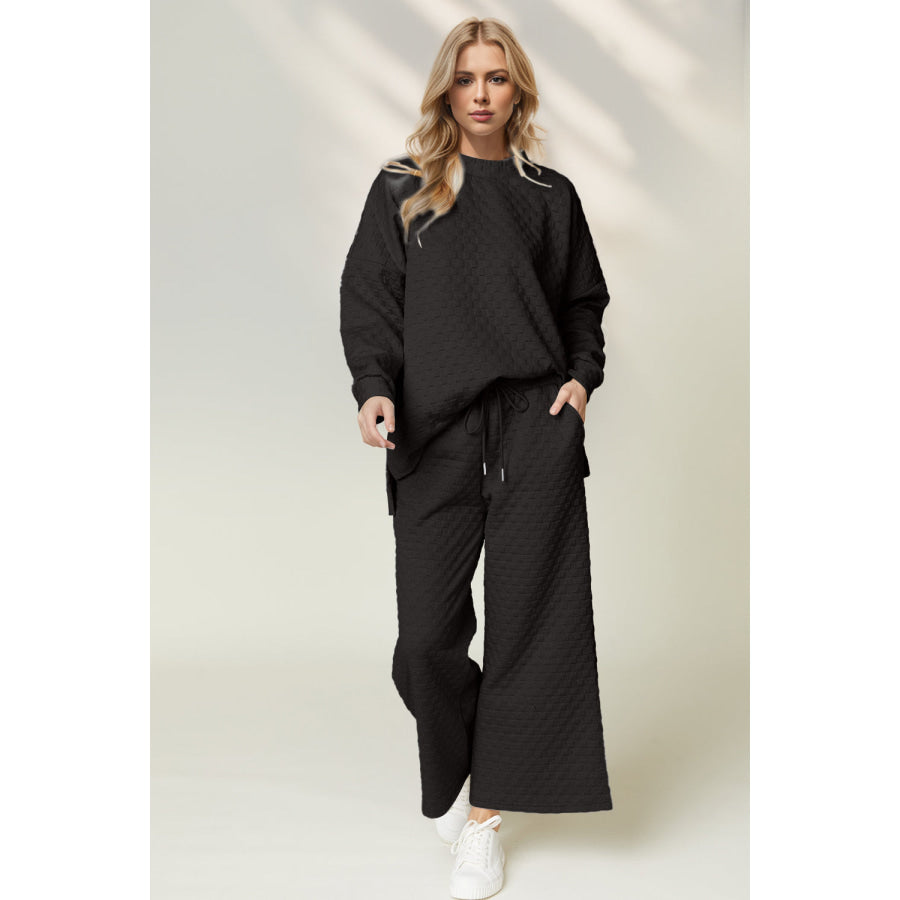 Double Take Checkered Slit High-Low Round Neck Top and Wide Leg Pants Set Black / S Apparel and Accessories