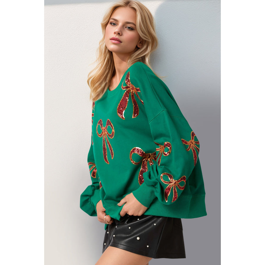 Double Take Christmas Bow Sequin Round Neck Dropped Shoulder Sweatshirt Dark Green / S Apparel and Accessories