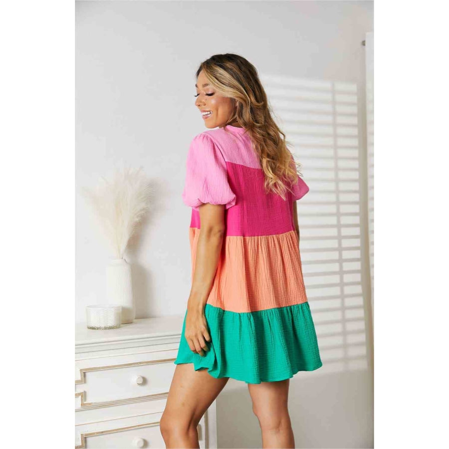 Double Take Color Block Buttoned Puff Sleeve Dress Apparel and Accessories