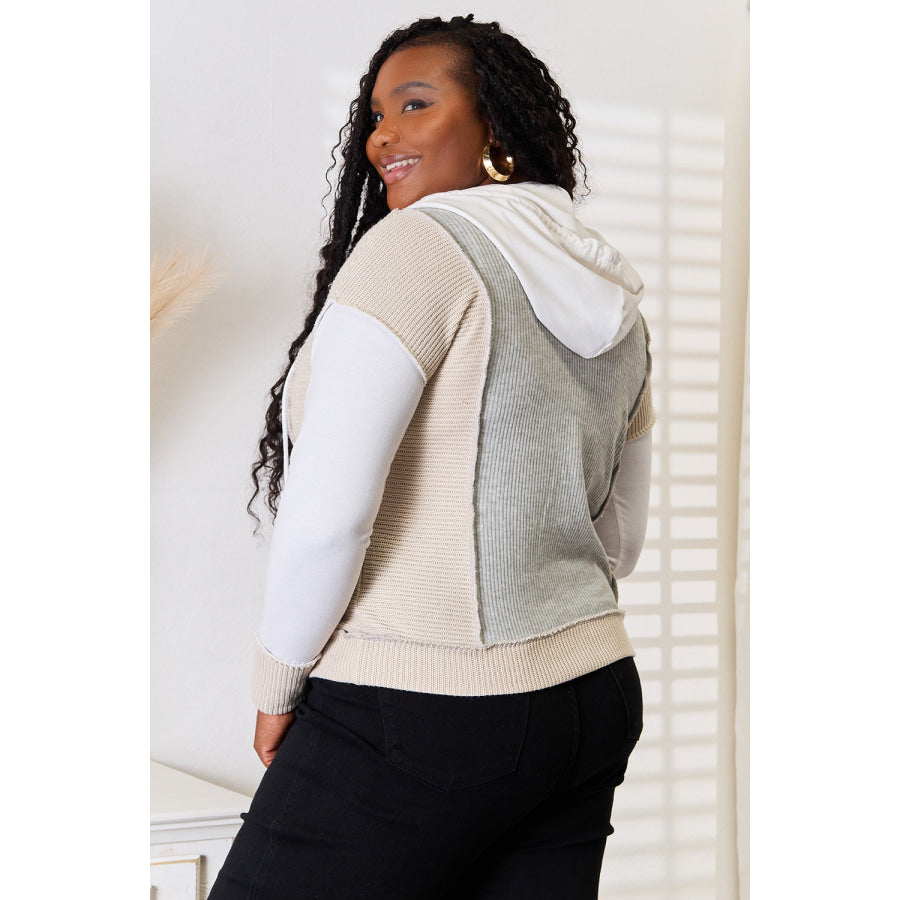 Double Take Color Block Exposed Seam Drawstring Hoodie Light Gray / S Apparel and Accessories