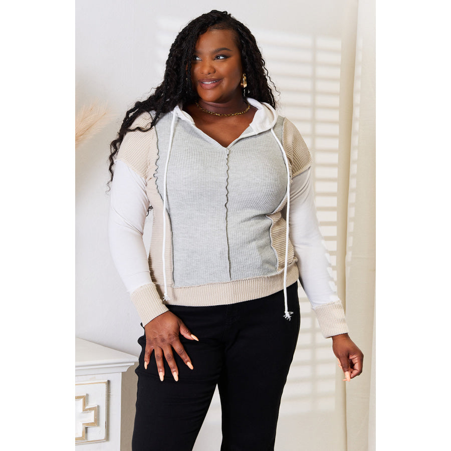 Double Take Color Block Exposed Seam Drawstring Hoodie Light Gray / S Apparel and Accessories