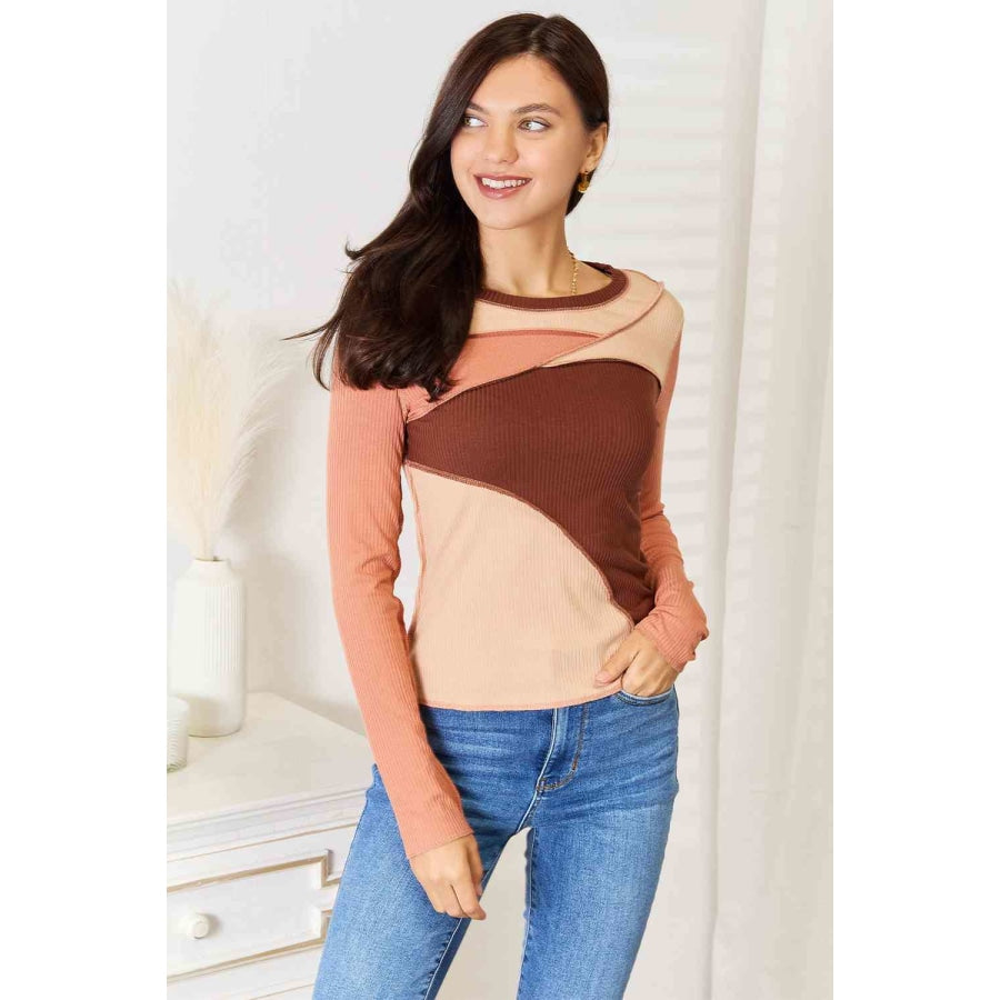 Double Take Color Block Exposed Seam Long Sleeve Top Chestnut / S