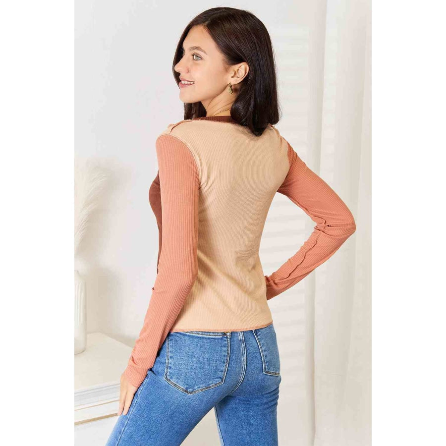 Double Take Color Block Exposed Seam Long Sleeve Top