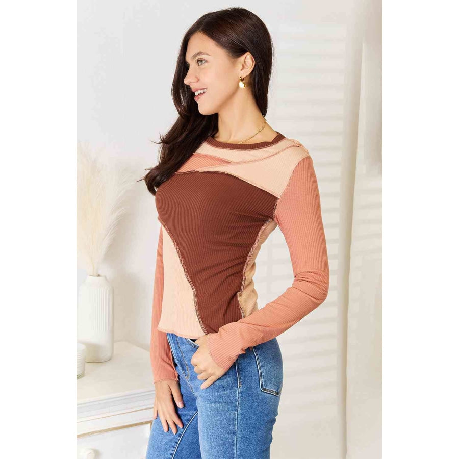 Double Take Color Block Exposed Seam Long Sleeve Top