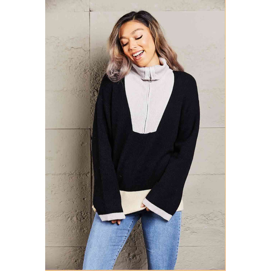 Double Take Color Block Half - Zip Dropped Shoulder Knit Pullover Black / S Apparel and Accessories