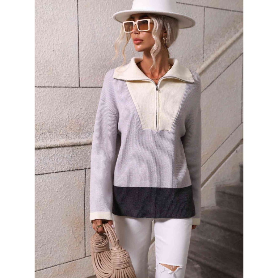 Double Take Color Block Half - Zip Dropped Shoulder Knit Pullover Apparel and Accessories