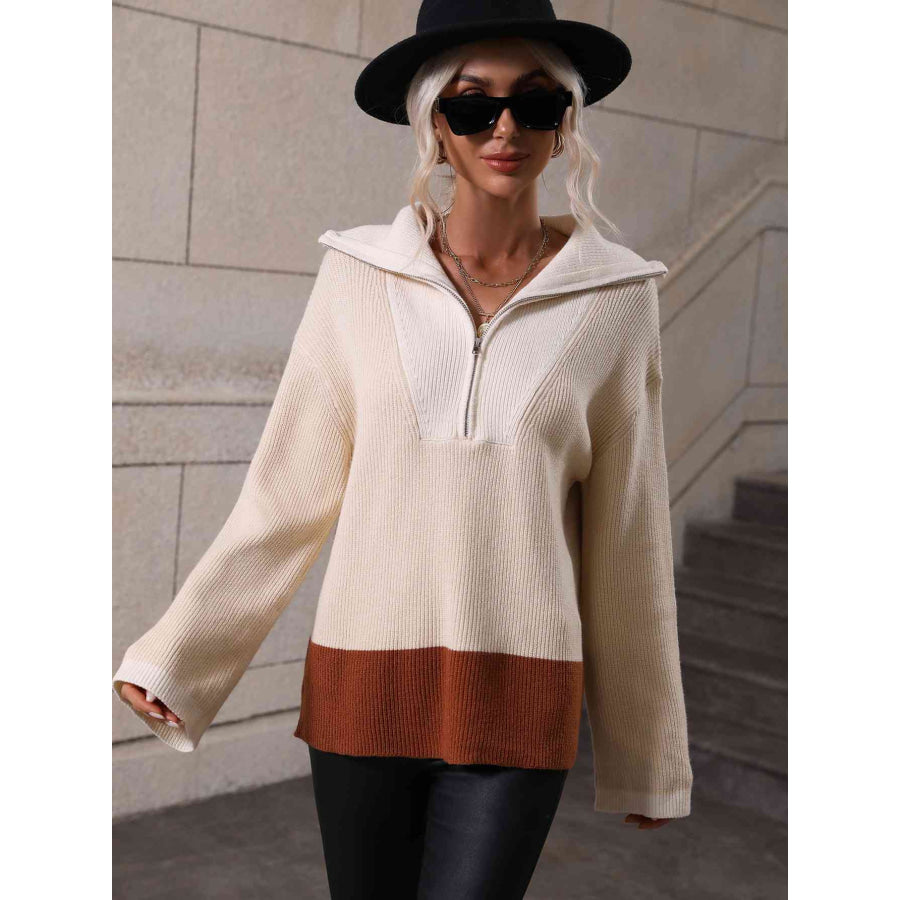 Double Take Color Block Half - Zip Dropped Shoulder Knit Pullover Beige / S Apparel and Accessories