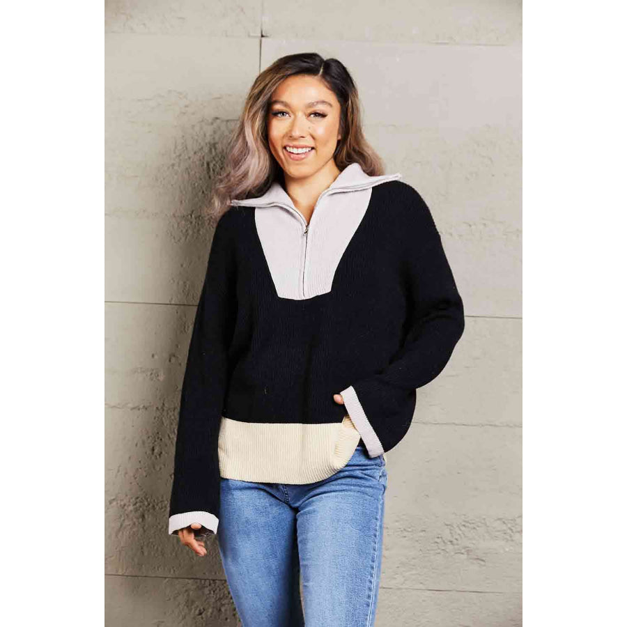 Double Take Color Block Half - Zip Dropped Shoulder Knit Pullover Black / S Apparel and Accessories
