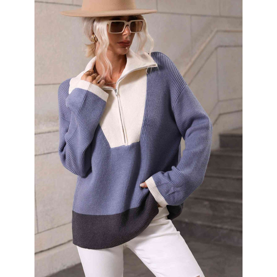 Double Take Color Block Half - Zip Dropped Shoulder Knit Pullover Blue / S Apparel and Accessories