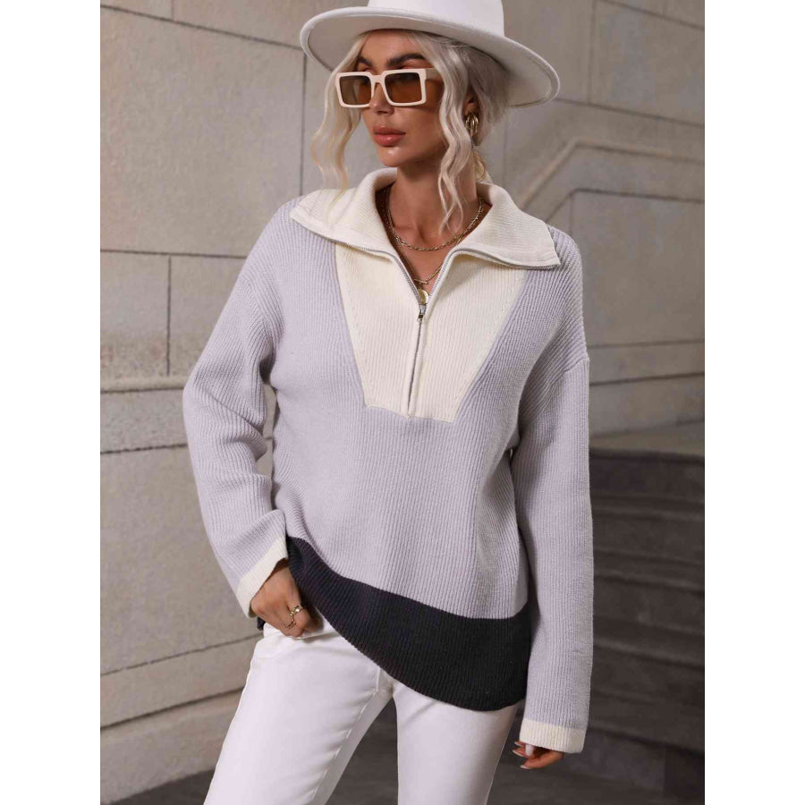 Double Take Color Block Half - Zip Dropped Shoulder Knit Pullover Gray / S Apparel and Accessories