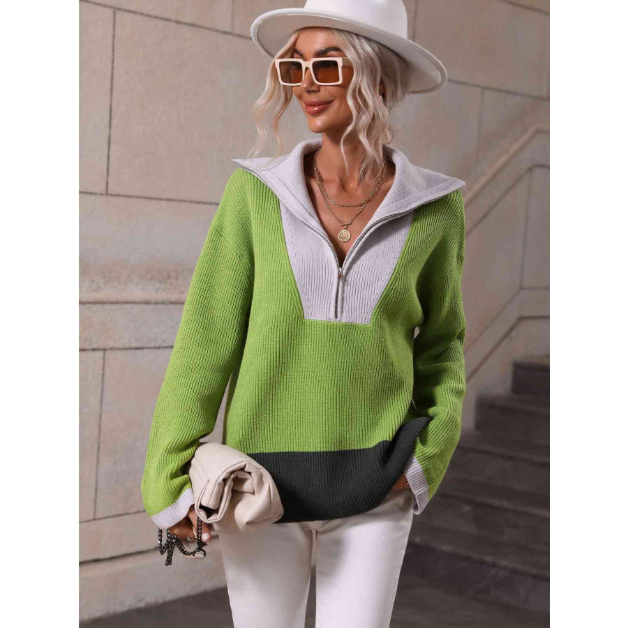 Double Take Color Block Half - Zip Dropped Shoulder Knit Pullover Green / S Apparel and Accessories