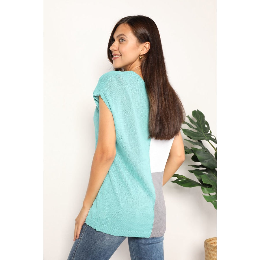 Double Take Color Block V-Neck Knit Top