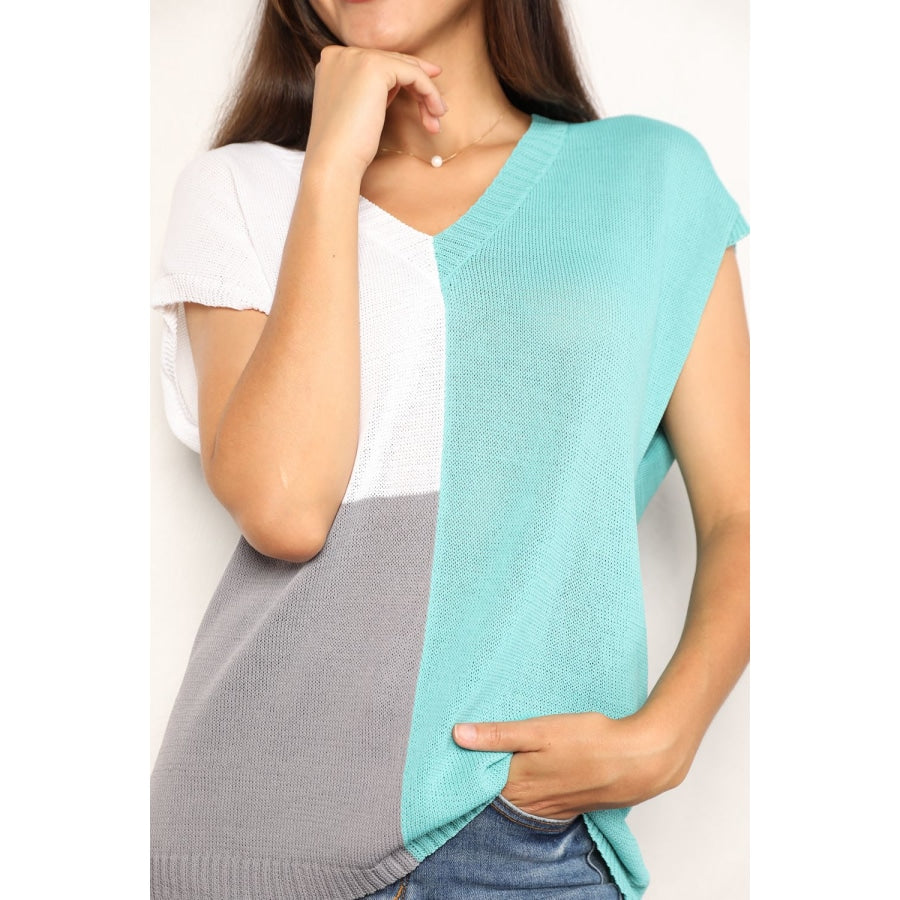 Double Take Color Block V-Neck Knit Top