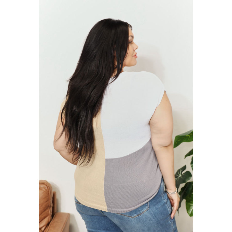 Double Take Color Block V-Neck Knit Top Tan / S