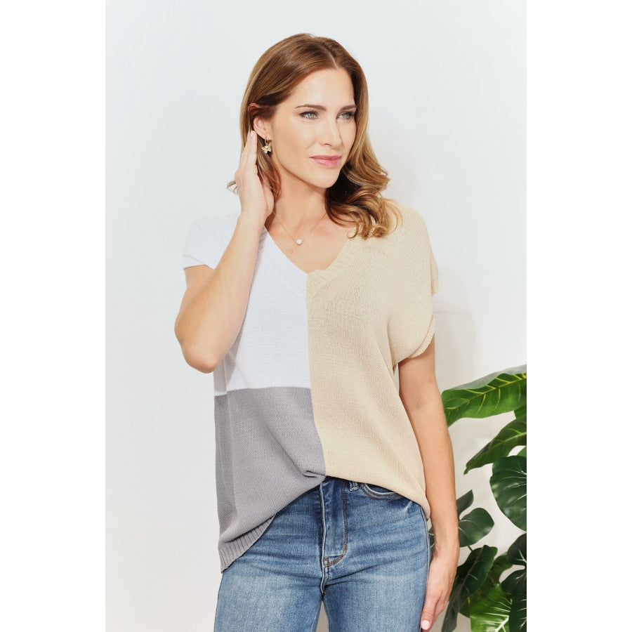 Double Take Color Block V-Neck Knit Top