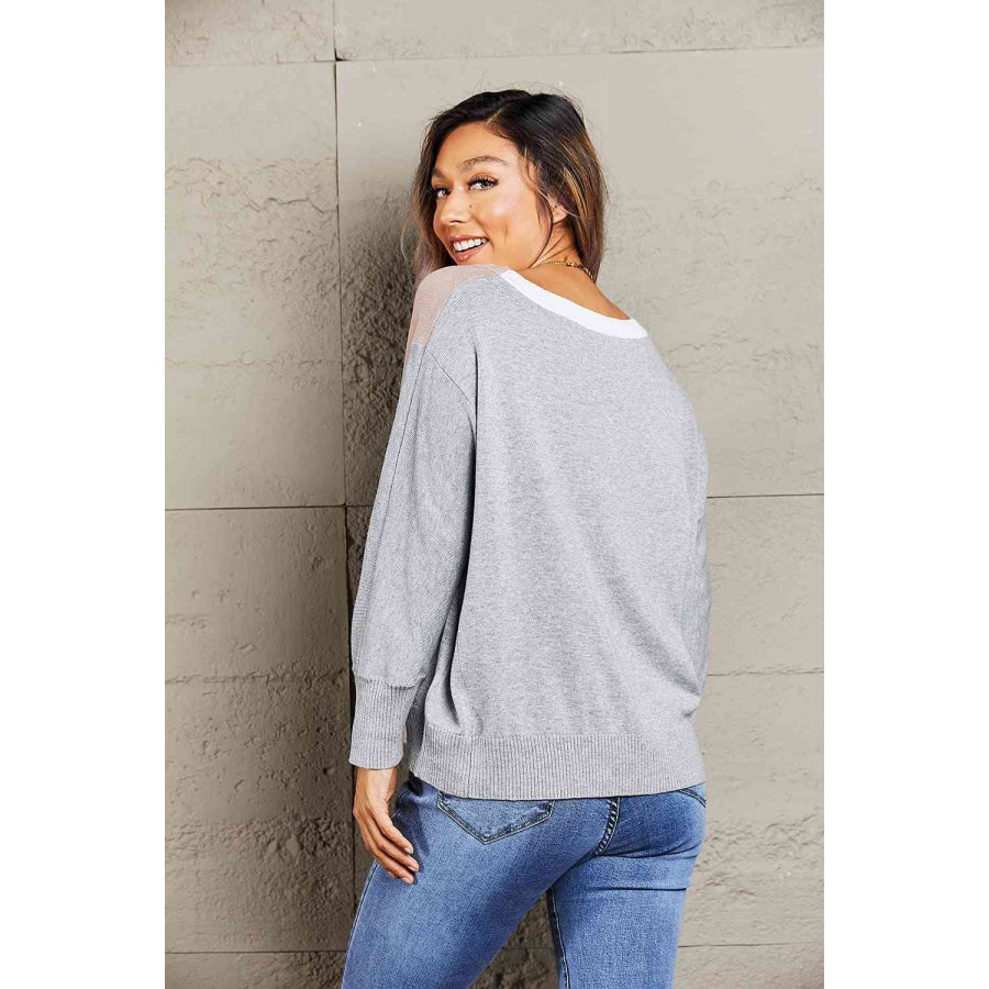 Double Take Color Block V - Neck Ribbed Trim Sweater Brown/Gray/White / S Shirts & Tops