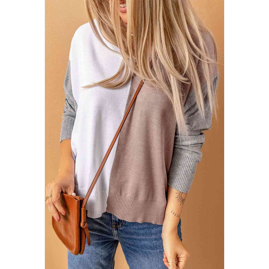 Double Take Color Block V - Neck Ribbed Trim Sweater Shirts &amp; Tops