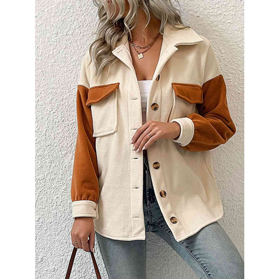 Double Take Contrast Button - Up Fleece Jacket Beige/Brown / S Shacket
