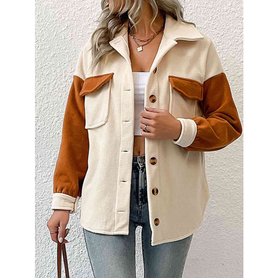 Double Take Contrast Button - Up Fleece Jacket Shacket
