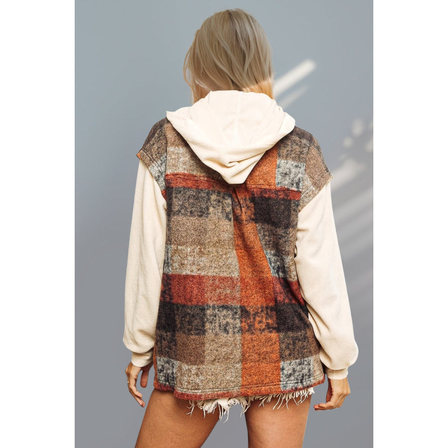 Double Take Contrast Long Sleeve Hooded Plaid Jacket Apparel and Accessories