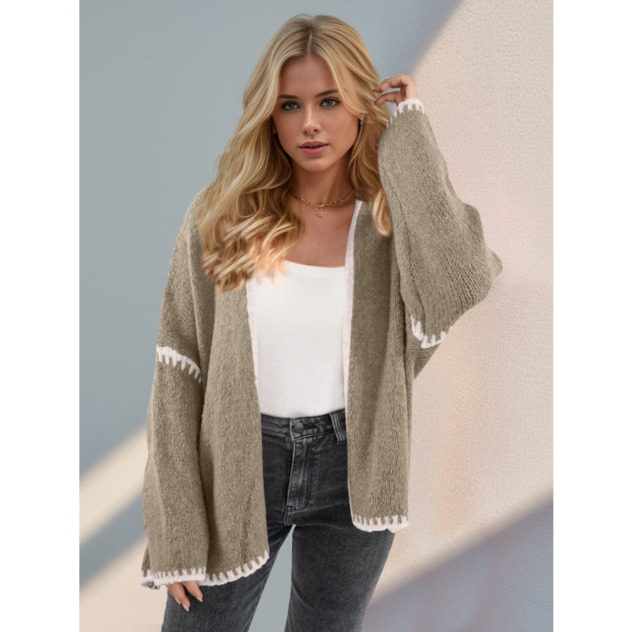 Double Take Contrast Open Front Dropped Shoulder Cardigan Apparel and Accessories