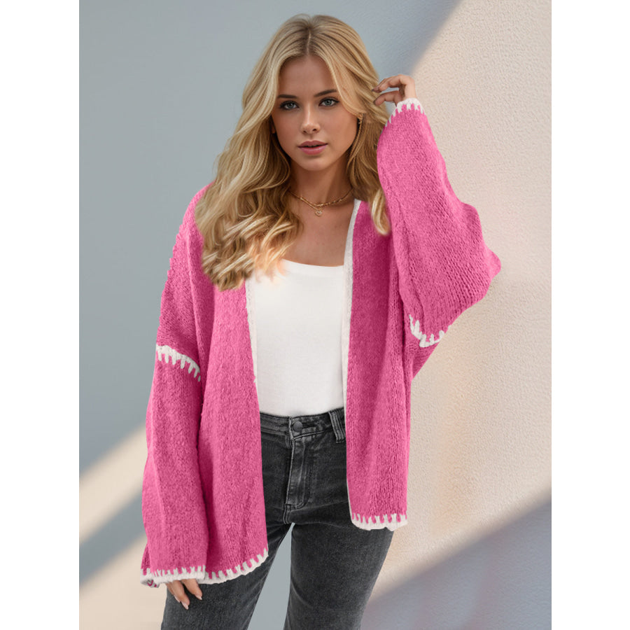 Double Take Contrast Open Front Dropped Shoulder Cardigan Apparel and Accessories