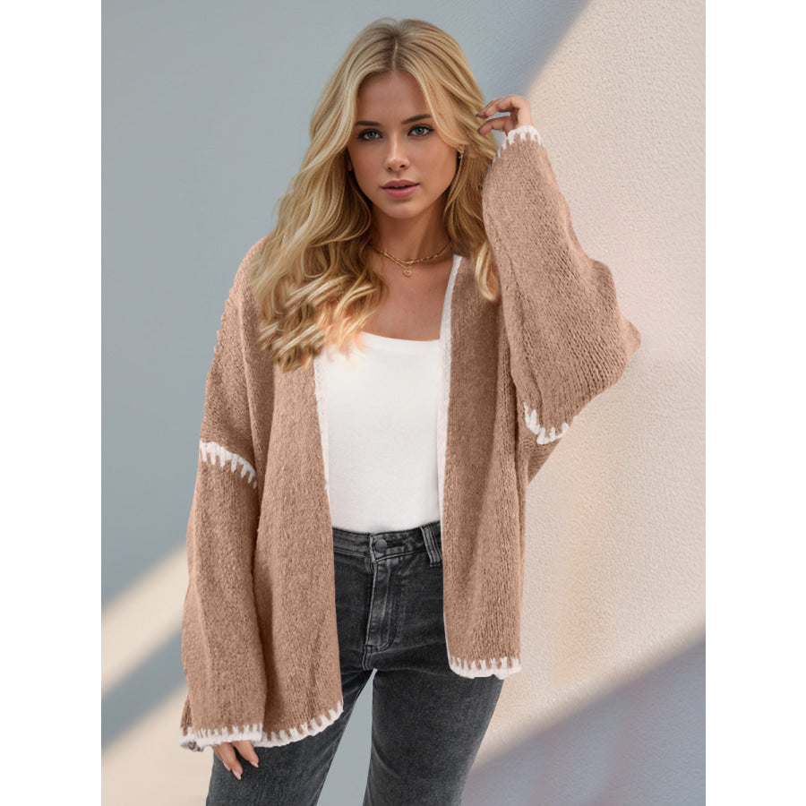 Double Take Contrast Open Front Dropped Shoulder Cardigan Tan / S Apparel and Accessories