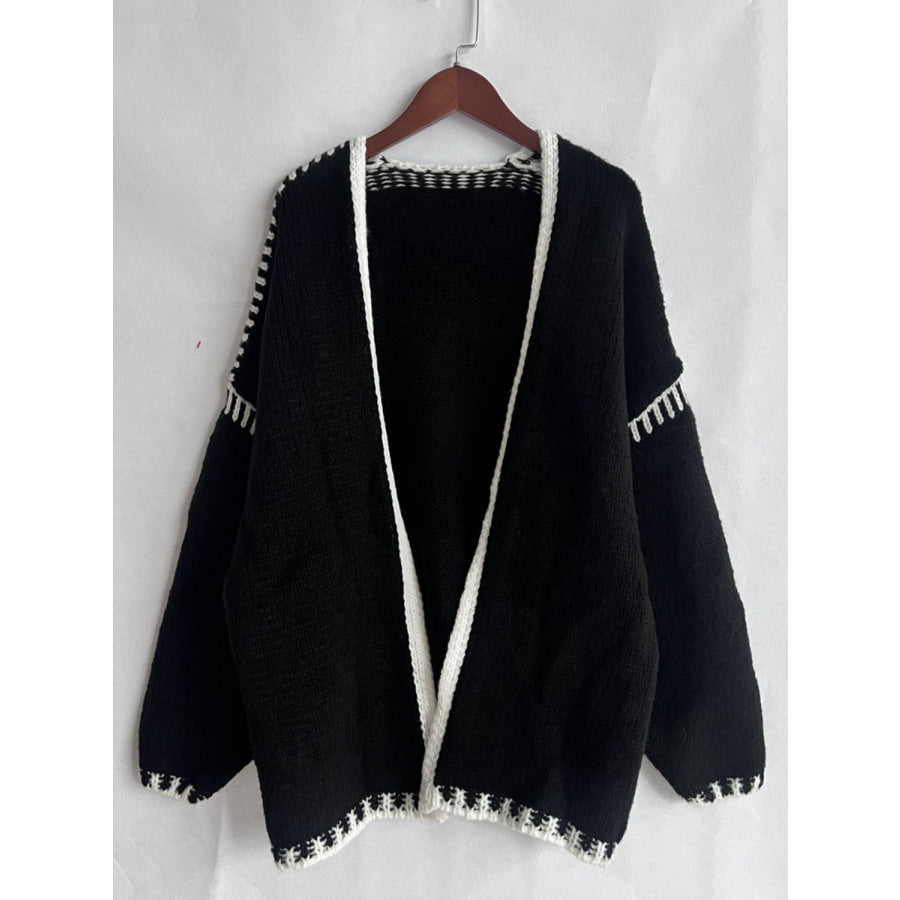 Double Take Contrast Open Front Dropped Shoulder Cardigan Apparel and Accessories