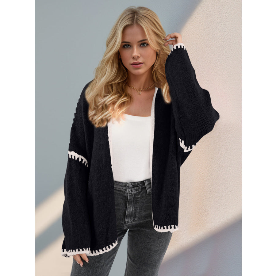 Double Take Contrast Open Front Dropped Shoulder Cardigan Apparel and Accessories