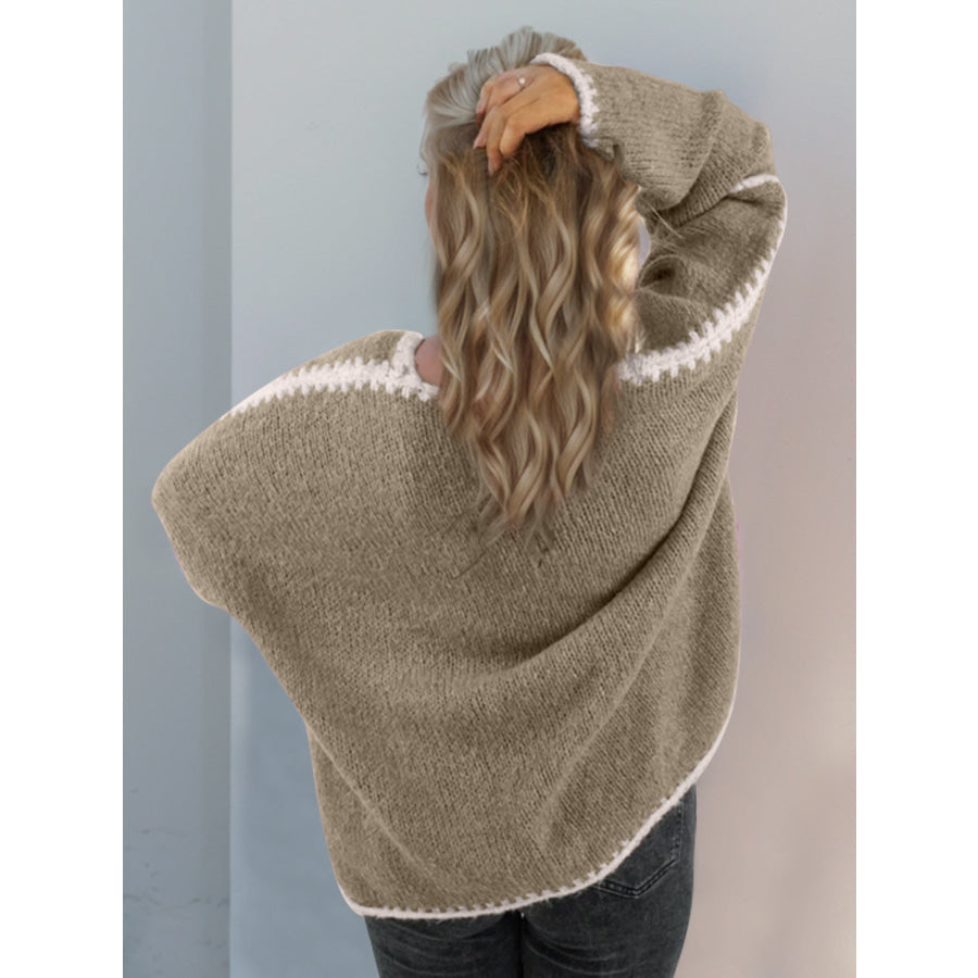 Double Take Contrast Open Front Dropped Shoulder Cardigan Apparel and Accessories