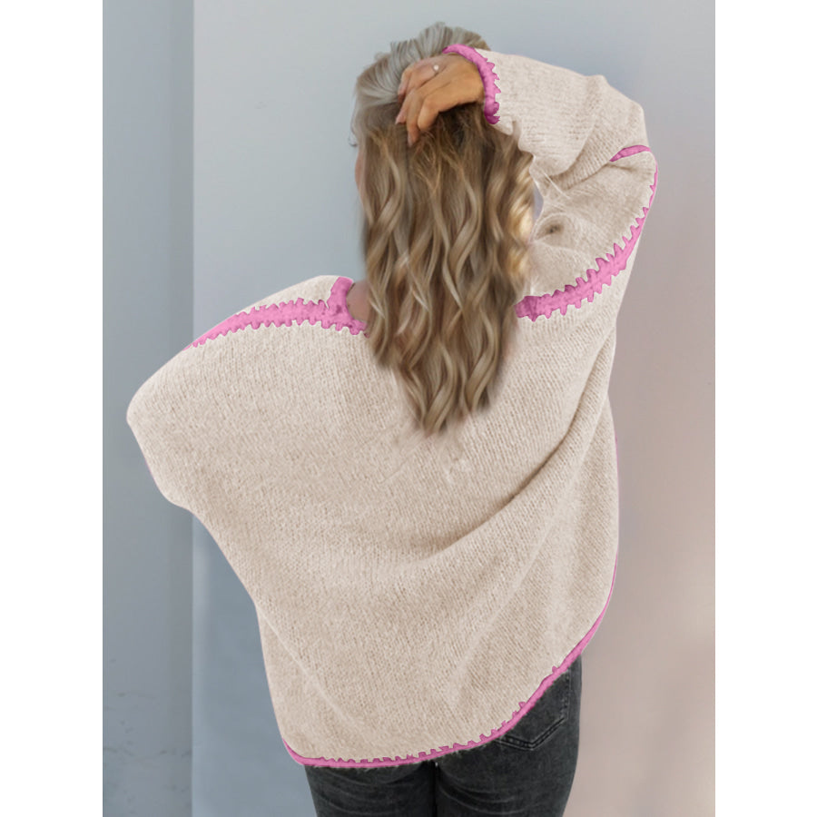 Double Take Contrast Open Front Dropped Shoulder Cardigan Apparel and Accessories