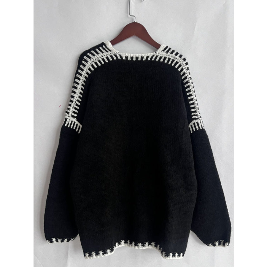 Double Take Contrast Open Front Dropped Shoulder Cardigan Apparel and Accessories