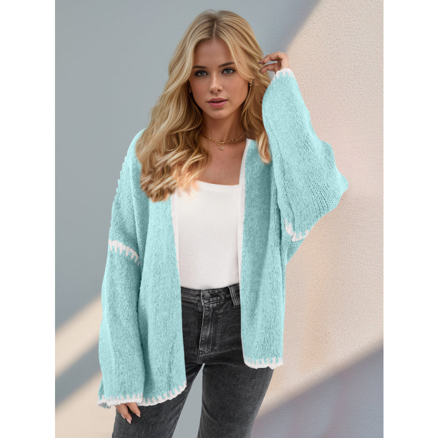 Double Take Contrast Open Front Dropped Shoulder Cardigan Apparel and Accessories