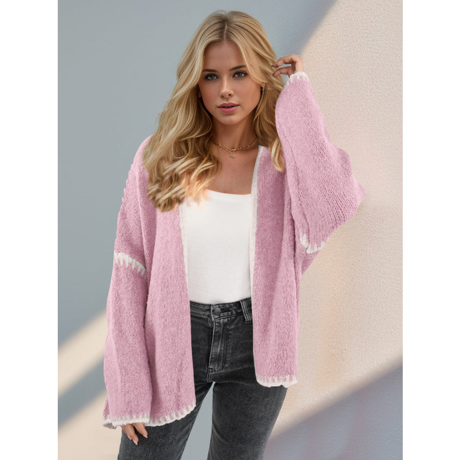 Double Take Contrast Open Front Dropped Shoulder Cardigan Apparel and Accessories