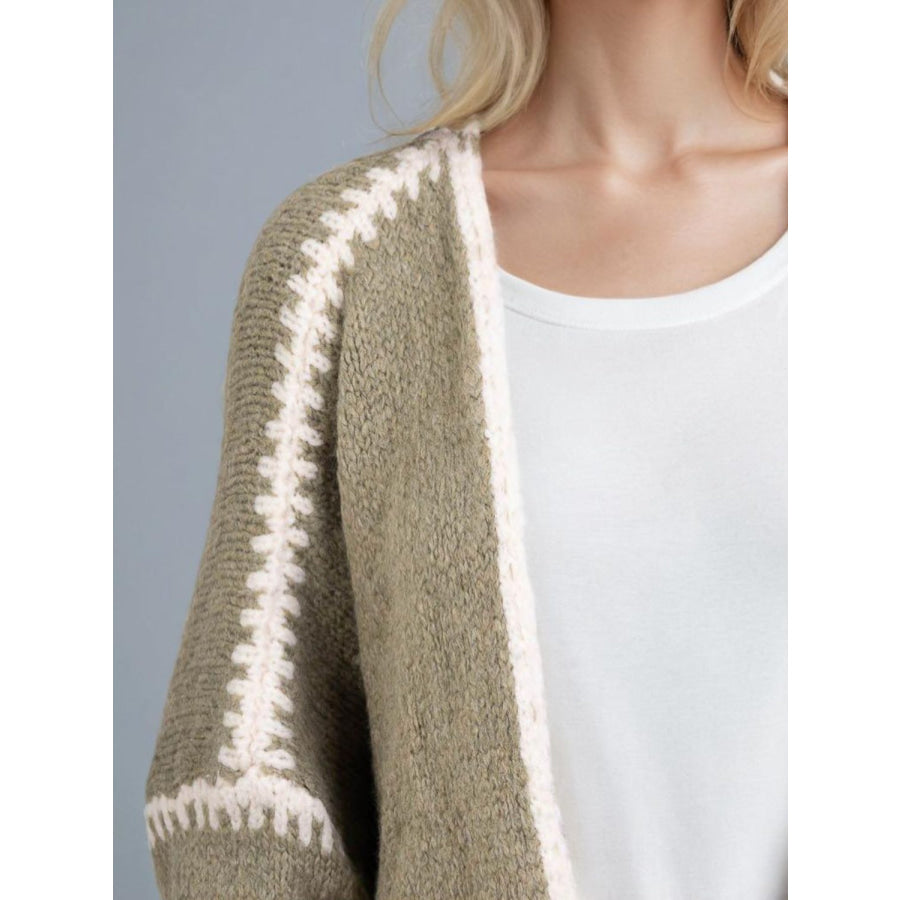 Double Take Contrast Open Front Dropped Shoulder Cardigan Apparel and Accessories