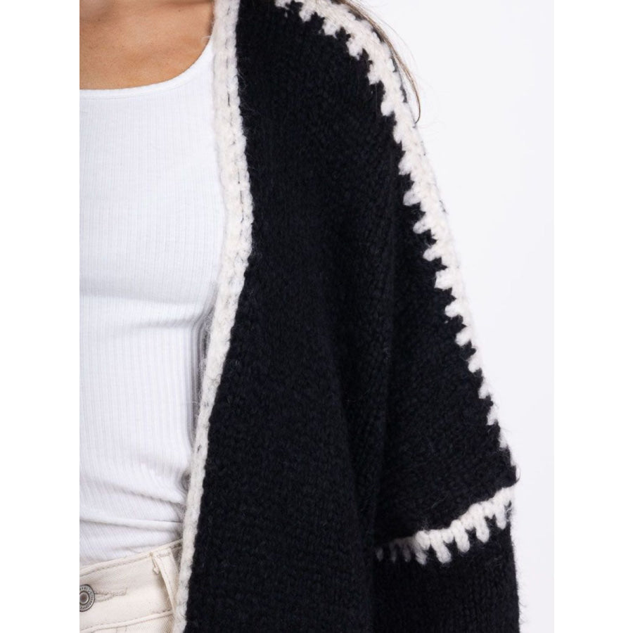 Double Take Contrast Open Front Dropped Shoulder Cardigan Apparel and Accessories