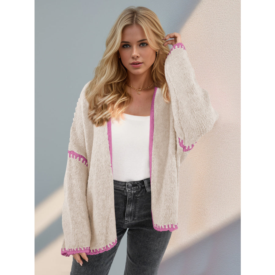 Double Take Contrast Open Front Dropped Shoulder Cardigan Apparel and Accessories