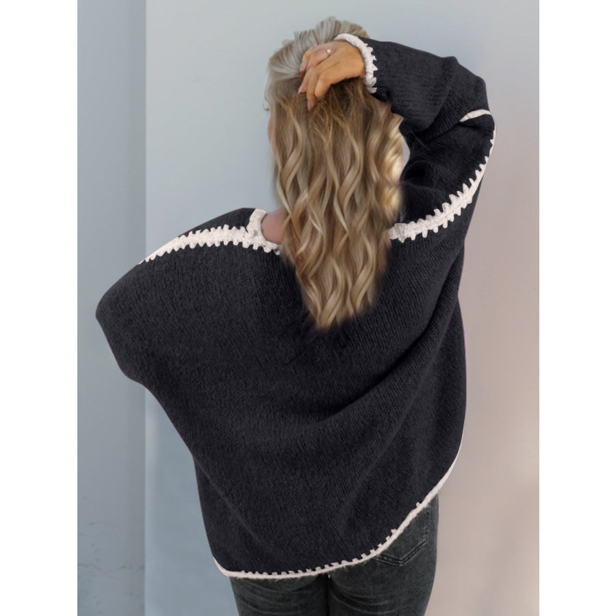 Double Take Contrast Open Front Dropped Shoulder Cardigan Apparel and Accessories