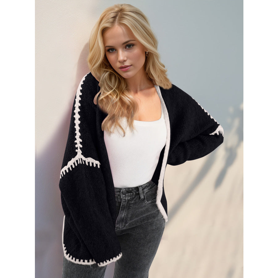 Double Take Contrast Open Front Dropped Shoulder Cardigan Black / S Apparel and Accessories