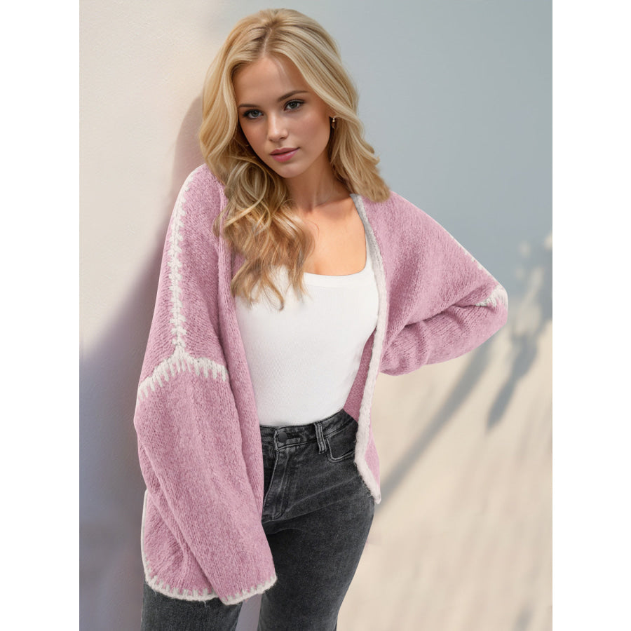 Double Take Contrast Open Front Dropped Shoulder Cardigan Blush Pink / S Apparel and Accessories