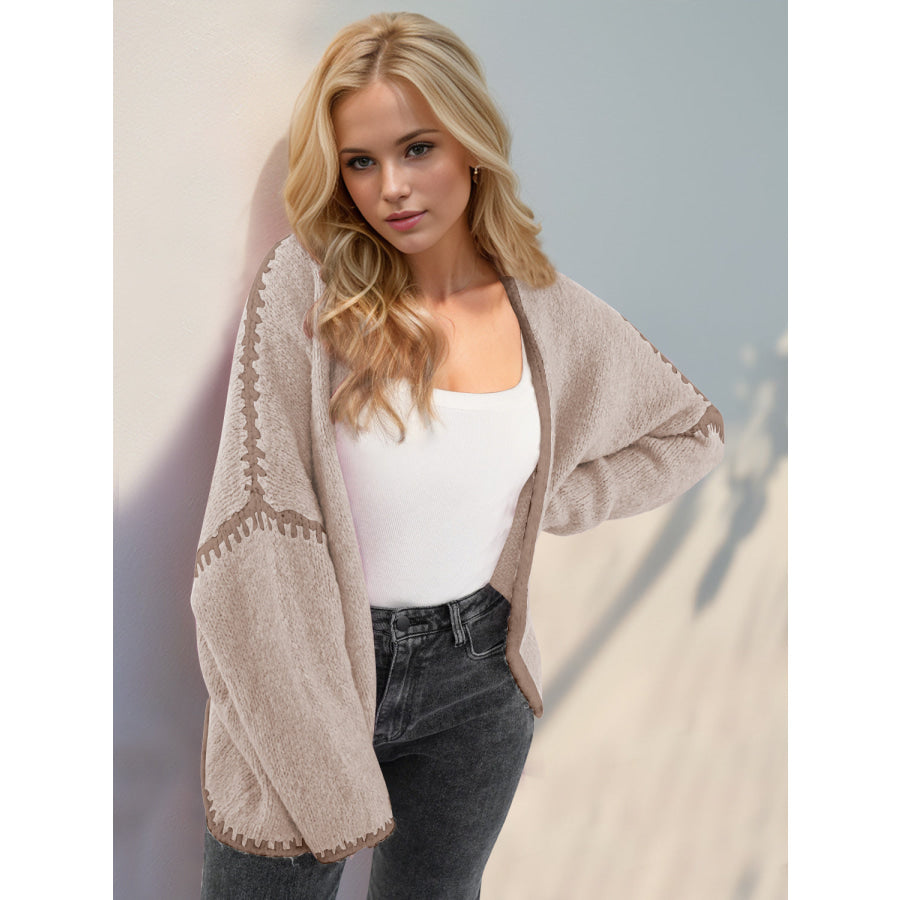 Double Take Contrast Open Front Dropped Shoulder Cardigan Dust Storm / L Apparel and Accessories