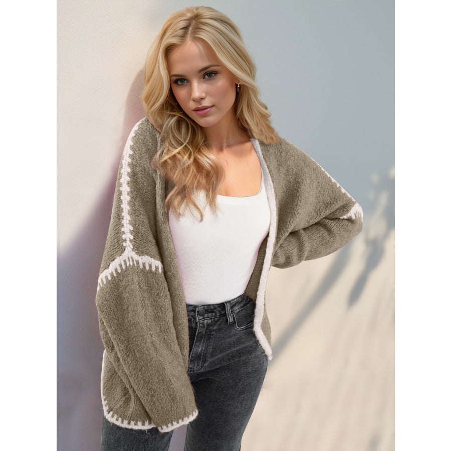 Double Take Contrast Open Front Dropped Shoulder Cardigan Gray Green / S Apparel and Accessories