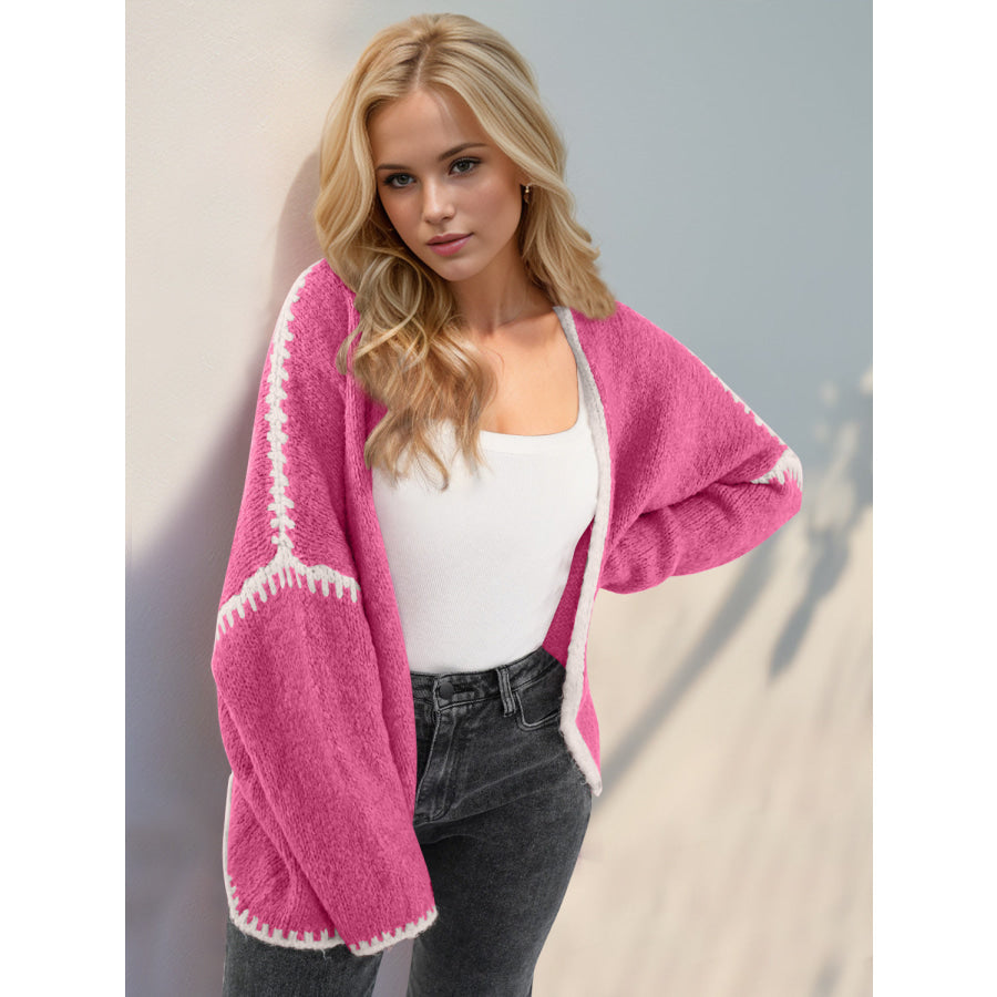 Double Take Contrast Open Front Dropped Shoulder Cardigan Hot Pink / S Apparel and Accessories