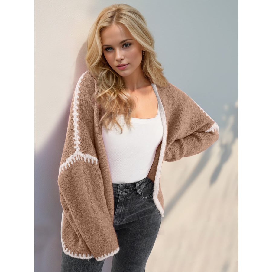 Double Take Contrast Open Front Dropped Shoulder Cardigan Tan / S Apparel and Accessories