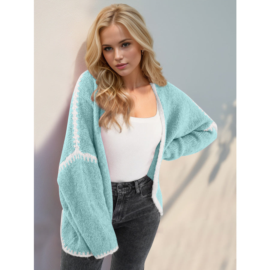 Double Take Contrast Open Front Dropped Shoulder Cardigan Tiffany Blue / S Apparel and Accessories