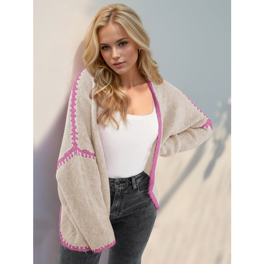 Double Take Contrast Open Front Dropped Shoulder Cardigan White / S Apparel and Accessories