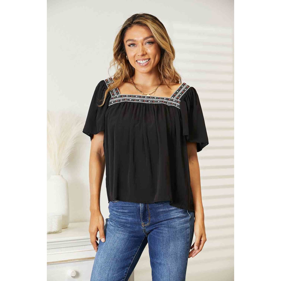 Double Take Contrast Square Neck Puff Sleeve Blouse Black / S Shirts &amp; Tops