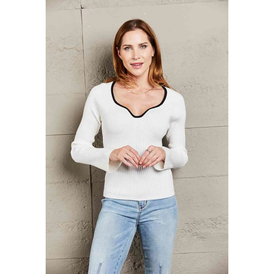 Double Take Contrast Sweetheart Neck Ribbed Top Shirts &amp; Tops